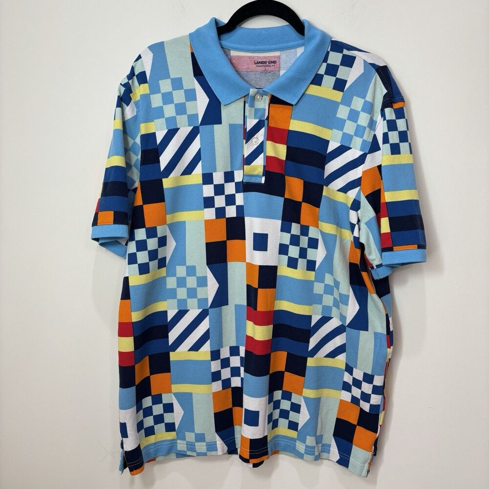 LANDS END Blue Patchwork Polo Men L Pique Cotton Retro Throwback 90s Golf